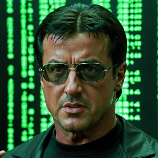 Prompt: Sylvester Stallone in Matrix from 1999, as a villain. He should look 52 years old. Furthermore he got black reflective rounded small glasses with black lens. We can see him half body. In the background we see the typical green Matrix codes. 