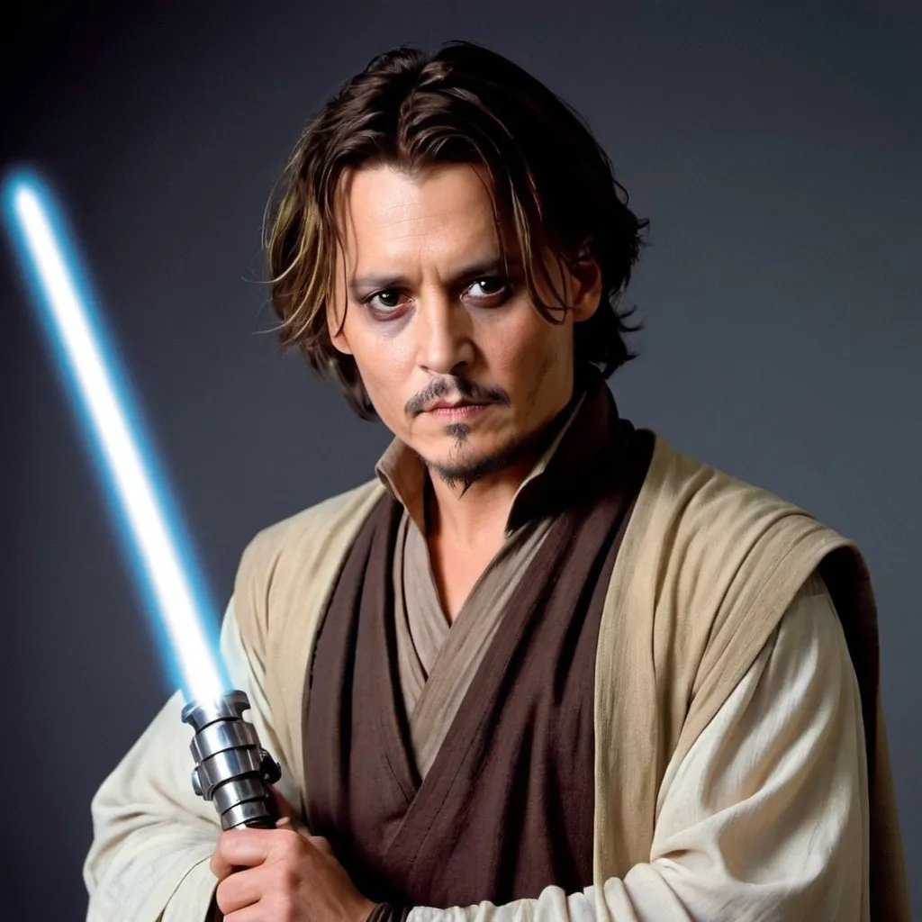 Prompt: Johnny Depp in Star Wars as a Jedi Character. He should look like he was in the early 2000s. Furthermore, there should be a typical style that resembles the prequel trilogy. 