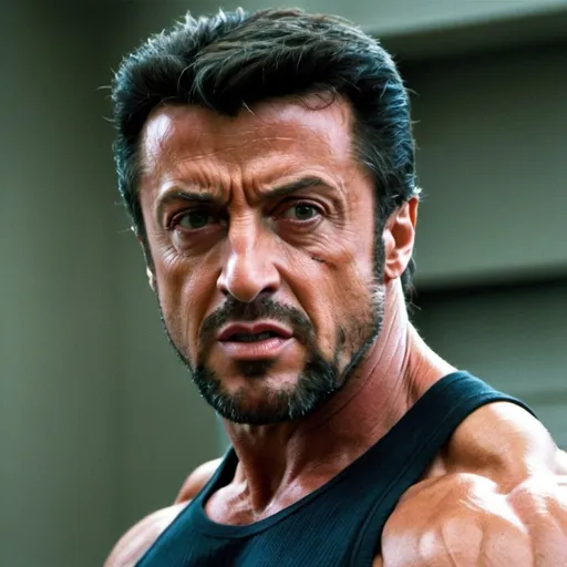 Prompt: Sylvester Stallone as Wolverine in the 2000 as X Men. He should look 53 years old, like in the year 2000. 