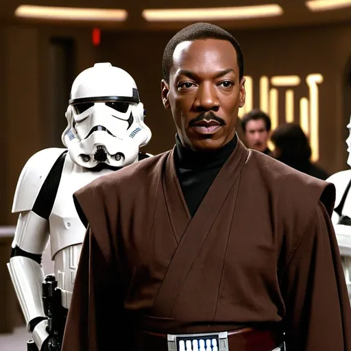 Prompt: Eddie Murphy in Star Wars prequel trilogy. He should look 50 years old and wear a Jedi suit. We can see in the background there is action.