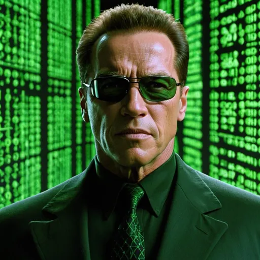 Prompt: Arnold Schwarzenegger in Matrix from 1999, as a villain. He should look 52 years old. Furthermore he got black reflective rounded small glasses. We can see him half body. In the background we see the typical green Matrix codes. 