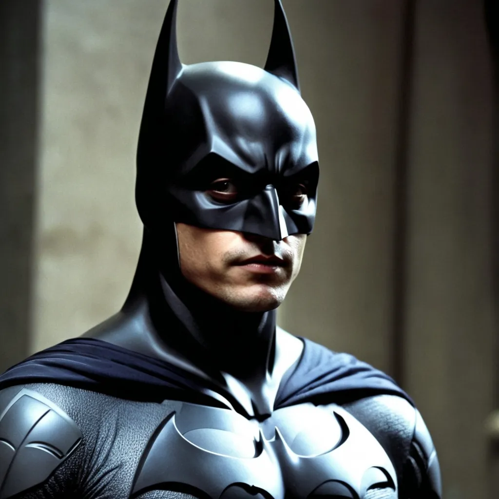 Prompt: Johnny Deep as Batman. He should look around 34 years old like he was in 1996. In the image, he is without mask. 
