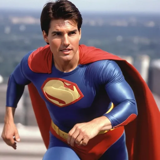 Prompt: Tom cruise from 1996 interpreting Super Man. He should looks around 35 years old. 