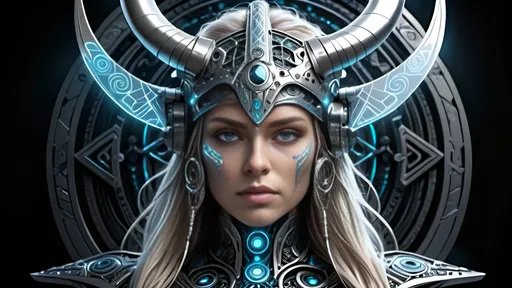 Prompt: Futuristic, biomechanical representation of a Viking Valkyrie, intricate holy geometry, metallic sheen, radiant silver accents to dark colors, ethereal energy flowing, divine aura, intricate details, highres, ultra-detailed, futuristic, biomechanical, war geometry, Norse god, metallic sheen, radiant blue, ethereal, legendary, intricate details, professional, atmospheric lighting, include a classic Viking sword made futuristic