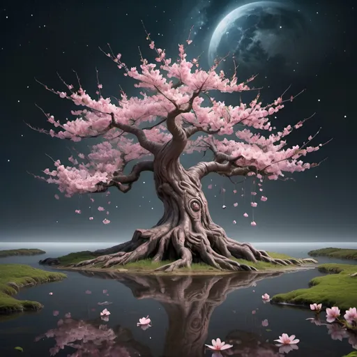 Prompt: Photorealistic, full shot, mature pink blooming cherry blossom tree in the style of a Viking mythology World Tree, with a pond in front, thick roots running deep into the ground and pond, the bottom of the pond fades into stars