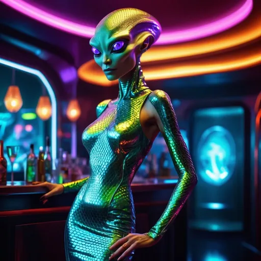 Prompt: Lizard-looking alien in cocktail dress, futuristic nightclub setting, shiny metallic scales, elegant and sophisticated pose, vibrant neon lights, high-res, detailed, sci-fi, glamorous, reptilian features, alien fashion, sleek and futuristic design, atmospheric lighting, otherworldly, vibrant colors, exotic beauty, professional digital art