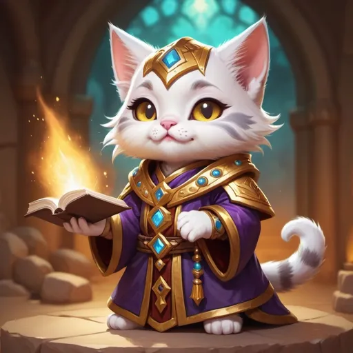Prompt: Cute chibi character cat priest, world of warcraft, casting holy magic spell, dnd, warm tone 