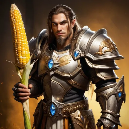 Prompt: full body shot, hyper realistic, human paladin, world of warcraft, holding corn weapon, warm tone