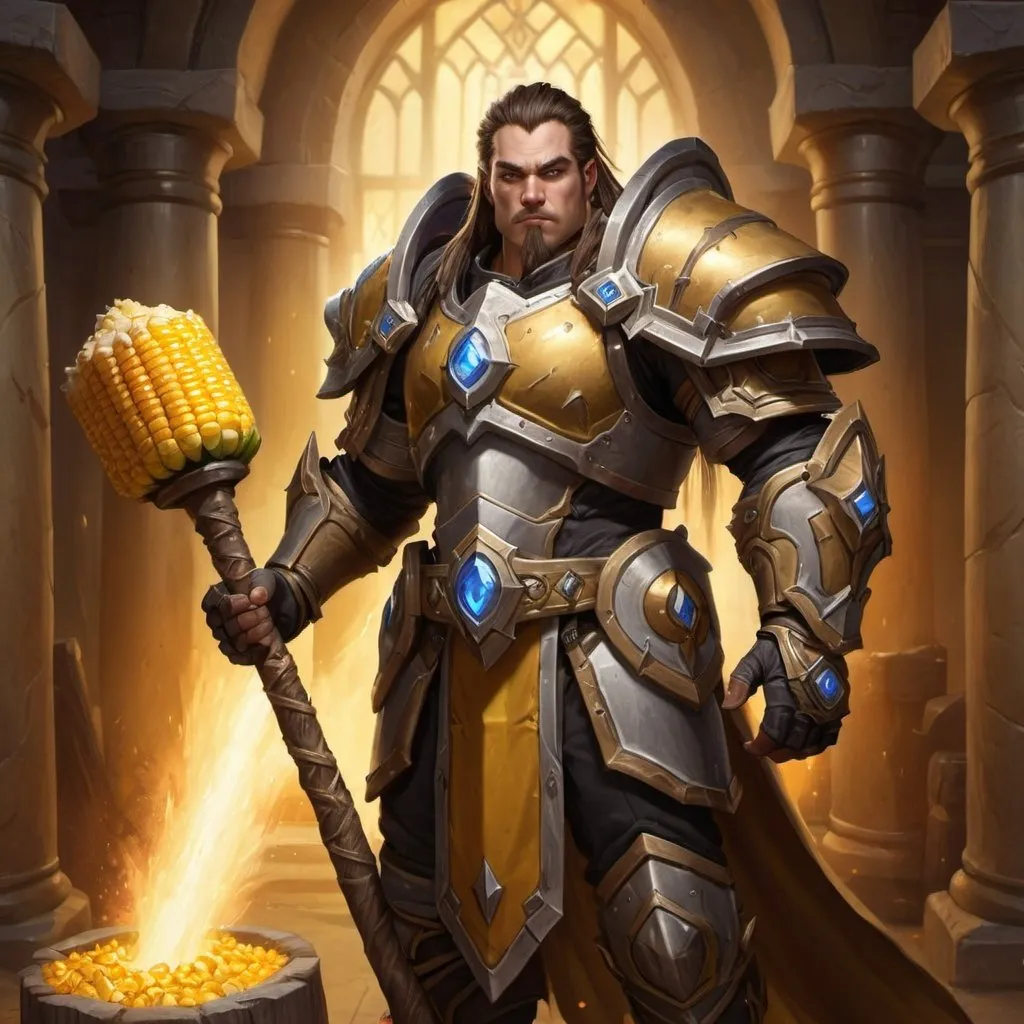 Prompt: full body shot, hyper realistic, human paladin, world of warcraft, holding corn hammer, warm tone