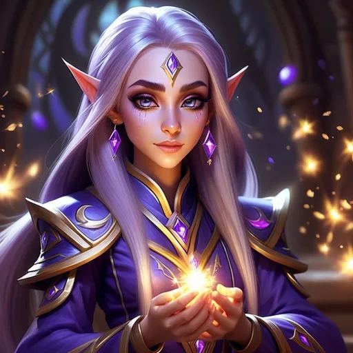 Prompt: Cute realistic character void-elf priest, world of warcraft, casting holy-magic spell, warm tone, staff, long hair, sparkling, glitter 