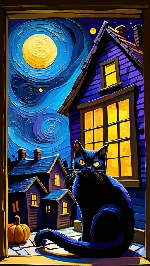 Prompt: (starry night), spooky house under a moonlit sky, eerie atmosphere, (black cat) sitting on the window sill, swirling Van Gogh-style stars, vibrant shades of deep blues and rich purples contrasting with illuminated yellow lights from the house, captures the essence of Halloween, detailed shadows, high definition, cinematic quality.