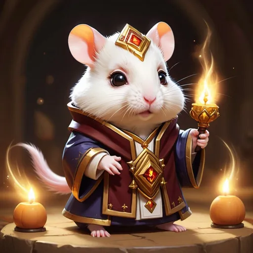 Prompt: Cute chibi character hamster priest, world of warcraft, casting holy magic spell, dnd, warm tone 