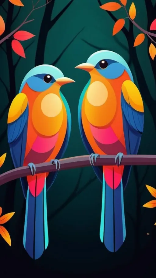 Prompt: Two Colorful birds on tree branches, dark forest background, thin line art, vibrant color illustration, high quality