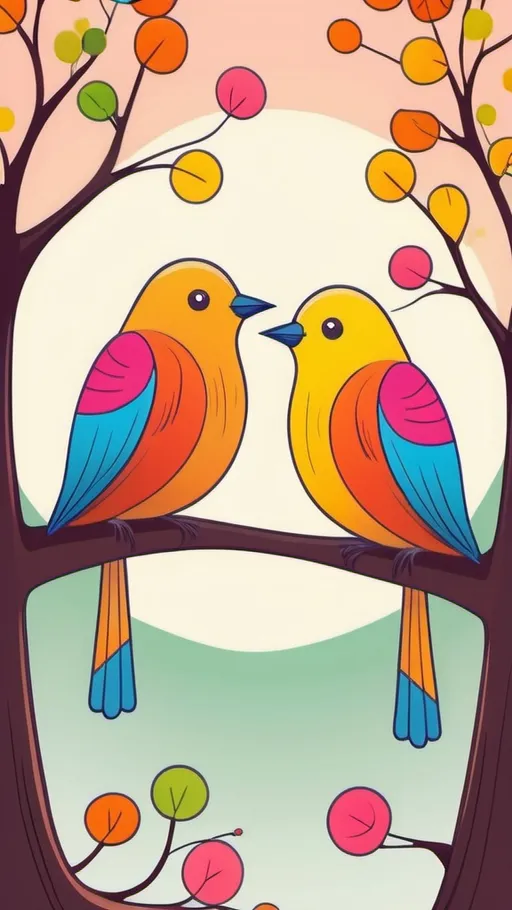 Prompt: Two Colorful birds on tree branches, forest background, whimsical, thin line art, vibrant color illustration, high quality 