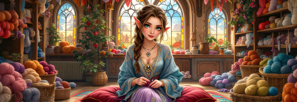 Prompt: pretty elf female priest with colorful robes sitting down while knitting inside a yarn store. fantasy style, world of warcraft city. light brown hair