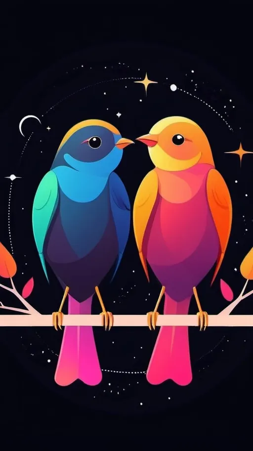 Prompt: Two Colorful birds, dark space background, thin line art, vibrant color illustration, high quality