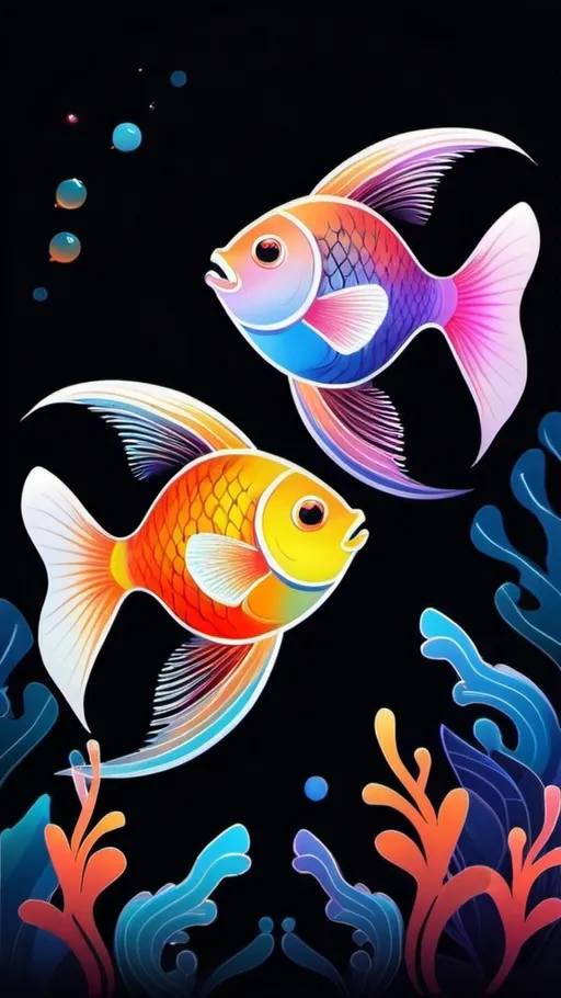 Prompt: Two Colorful fish, dark space background, thin line art, vibrant color illustration, high quality