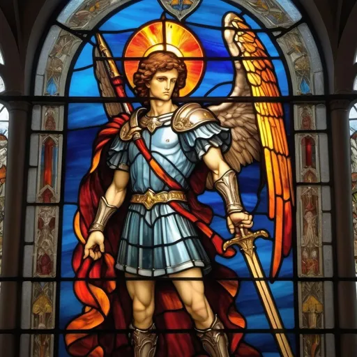 Prompt: St.Michael the archangel as a giga chad with a fire sword