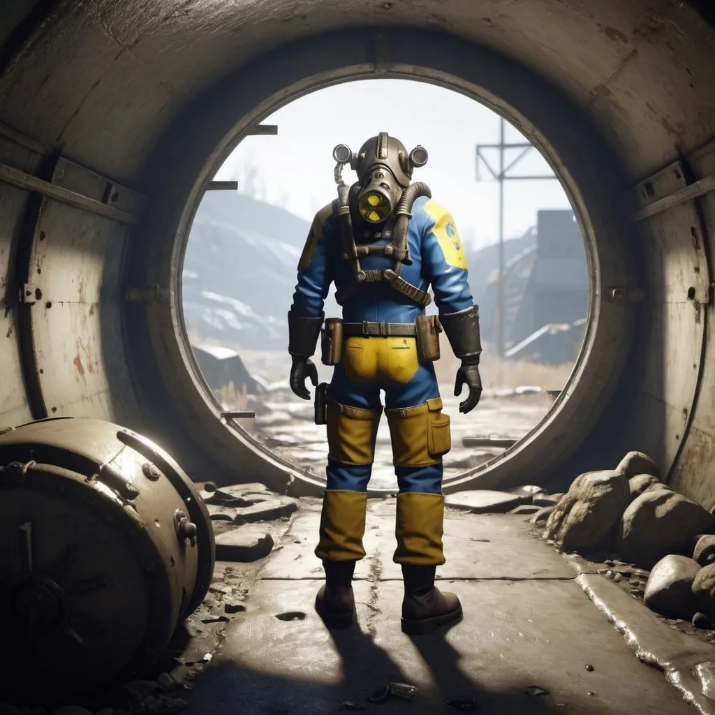 Prompt: a mysterious fallout character near a vault 111 bunker apocalyptic, high quality, unreal engine