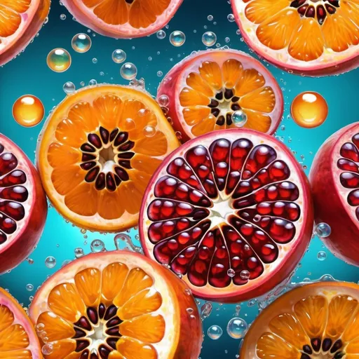 Prompt: Vibrant digital painting of sparkling orange pomegranate passion fruit soda bubbles, hyper-realistic fruit slices, refreshing and effervescent, high quality, vivid and colorful, digital painting, energetic and lively, citrus tones, playful lighting