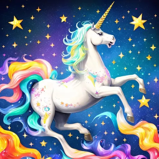 Prompt: White unicorn surrounded by sparkling stars in a colorful flag, high quality, detailed, fantasy art, vibrant colors, magical lighting, detailed mane and tail, flowing flag, fantasy, whimsical, colorful, stars, glowing, detailed, highres, vibrant