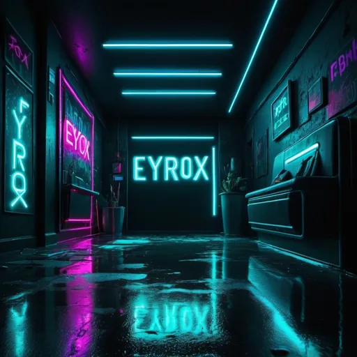 Prompt: My pseudonym "EyroX_pf" in turquoise blue, wet neon reflection on ground, black background, vibrant colors, highly saturated, neon glow, wet surface reflection, dark and moody atmosphere, cyberpunk-inspired, high contrast, ultra-detailed, dynamic lighting, 4K quality, modern and sleek design.