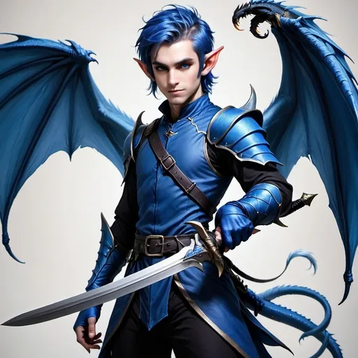 Prompt: Blue haired elf, male, blue monkey tail, handsome, using two swords, dragon wings, short to medium length hair