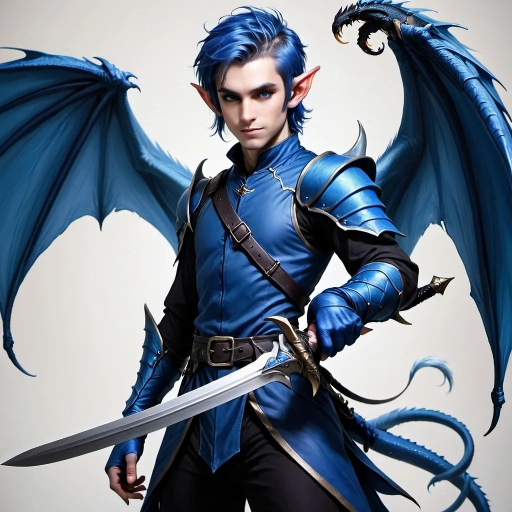 Prompt: Blue haired elf, male, blue monkey tail, handsome, using two swords, dragon wings, short to medium length hair