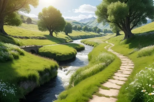 Prompt: A grassy area with a flowing river on the right side of the image. The environment is sunny. Small flowers may be in the background. Incorporate the style of Middle Earth from Lord of the Rings in the design. the river needs to be on the far right of the image.