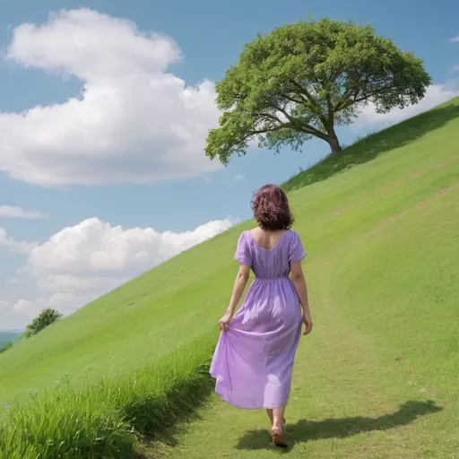 Prompt: A woman wearing beautiful lilac dress walking to a tree in a hill with green grass and clear sky with clouds background