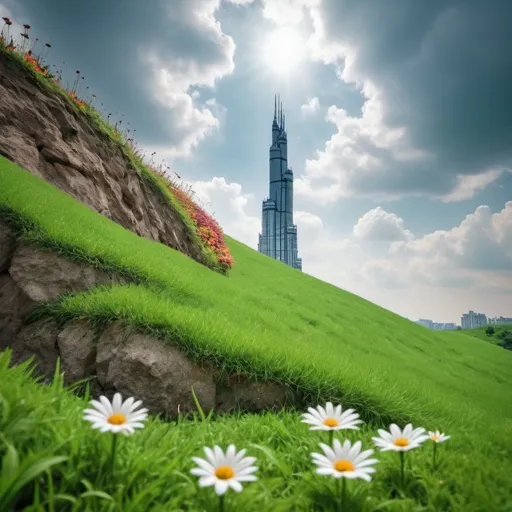 Prompt: A flower hill and green grass with sky and cloud background. I can see the high building and a tower from a far away 