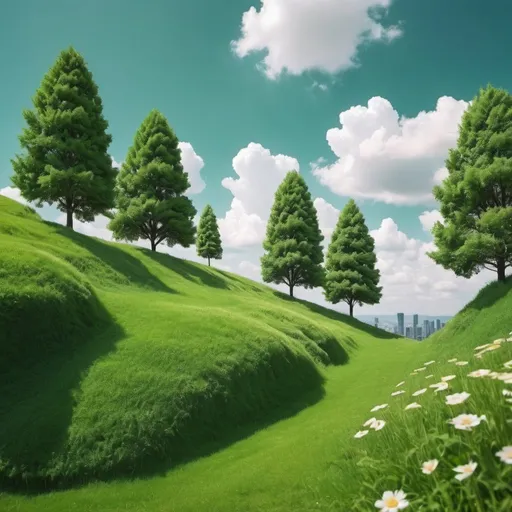 Prompt: trees on a flower hill and green grass with sky and cloud background. I can see the city 