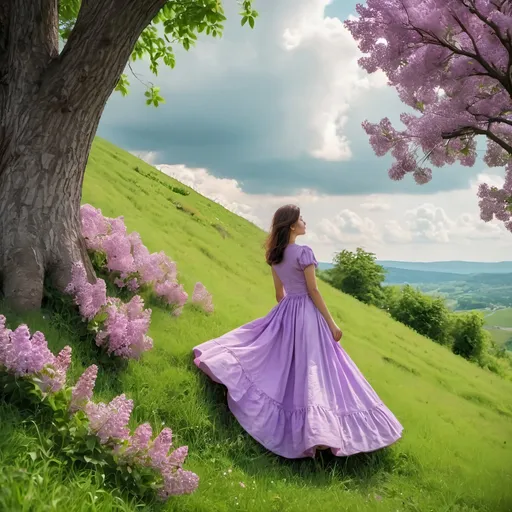 Prompt: A flower hill and green grass with sky and cloud background. a woman with beautiful lilac dress leaning on a tree