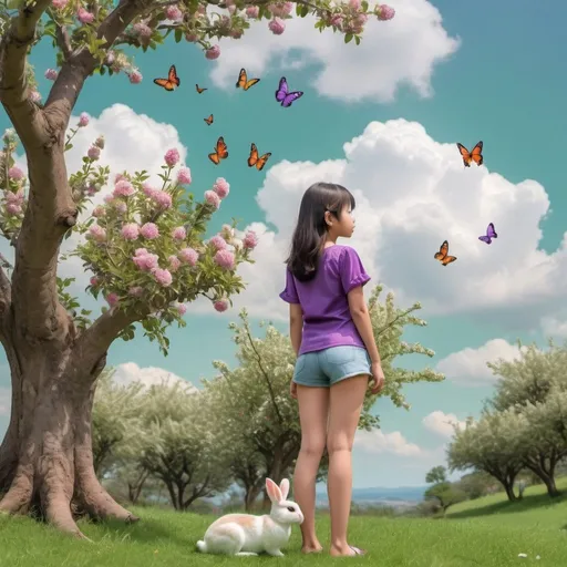 Prompt: An apple tree on flower hill and green grass with sky and cloud background. butterflies, birds and bunny are on the pictures. A girl with curve body wearing short pants and purple blouse standing facing the sky