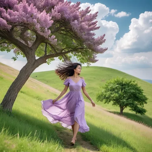 Prompt: A woman wearing beautiful lilac dress walking and swinging her beautiful hair, a tree in a hill with green grass and clear sky with clouds background