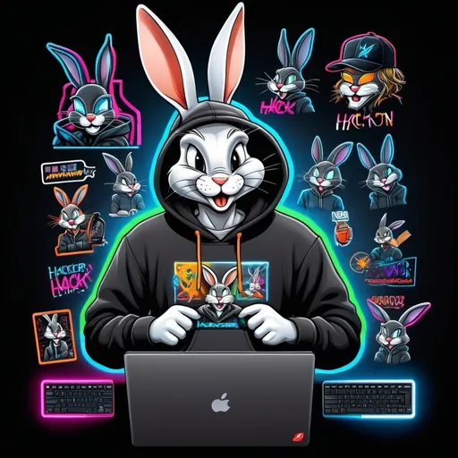 Prompt: Bugs bunny standing logo, wear hoodie with cap, background black cover with led and anonymous and hackers poster, holding in hand laptop brand Lenovo, stick up with hackers stickers in front of laptop, realistic 