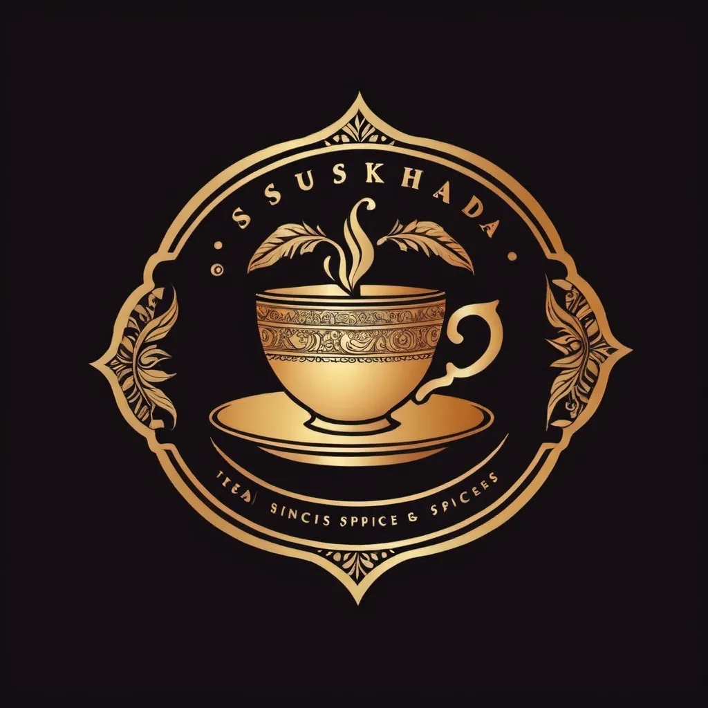 Prompt: draw a logo for a business who's name is Sukhdha.com and it sells tea, rich Indian spices and dry fruits. It will be good if the logo is in black and gold colour.