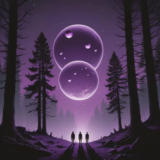 Prompt: multiple orbs floating in a desolate purple night sky deep in a lonesome forest as three small male silhouettes