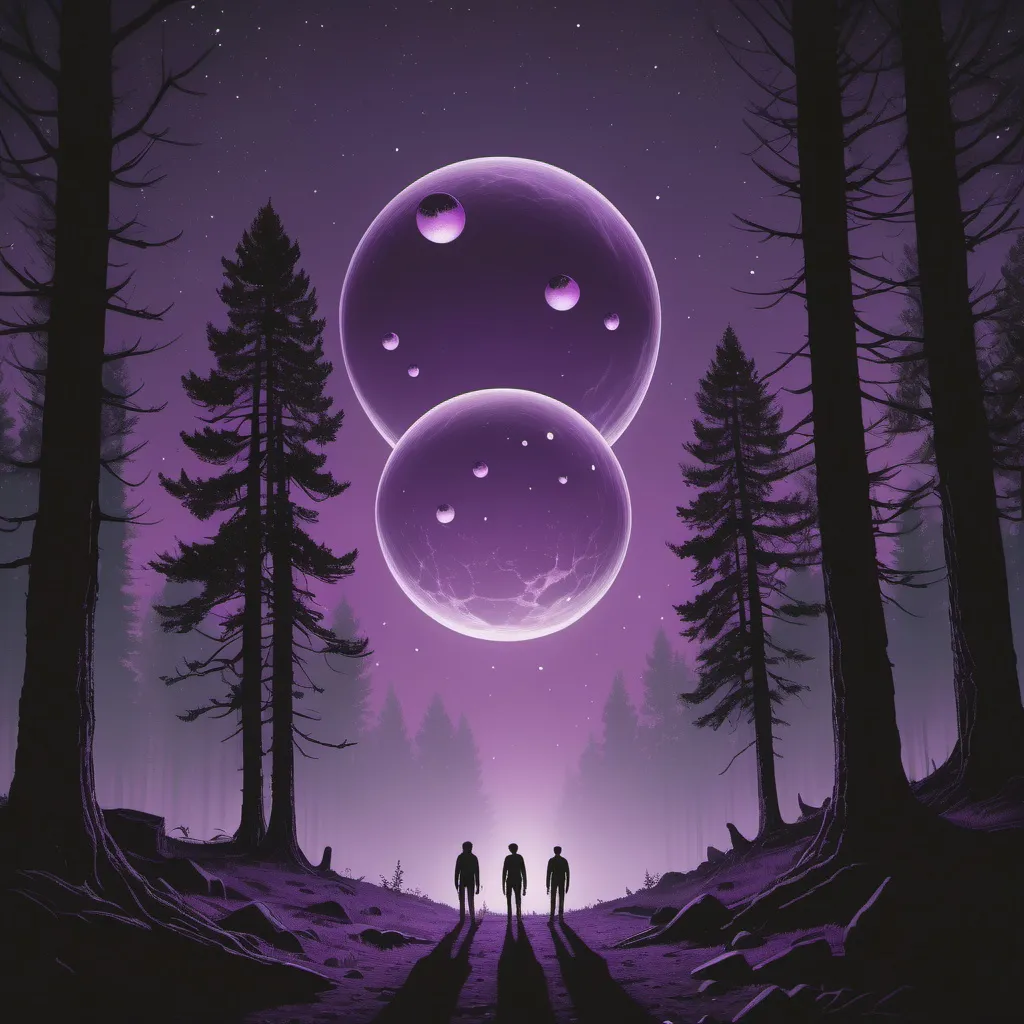 Prompt: multiple orbs floating in a desolate purple night sky deep in a lonesome forest as three small male silhouettes