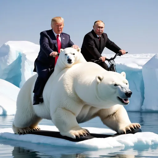 Prompt: Donald Trump,  Vladimir Putin amd kim Jong Un riding a polar bear