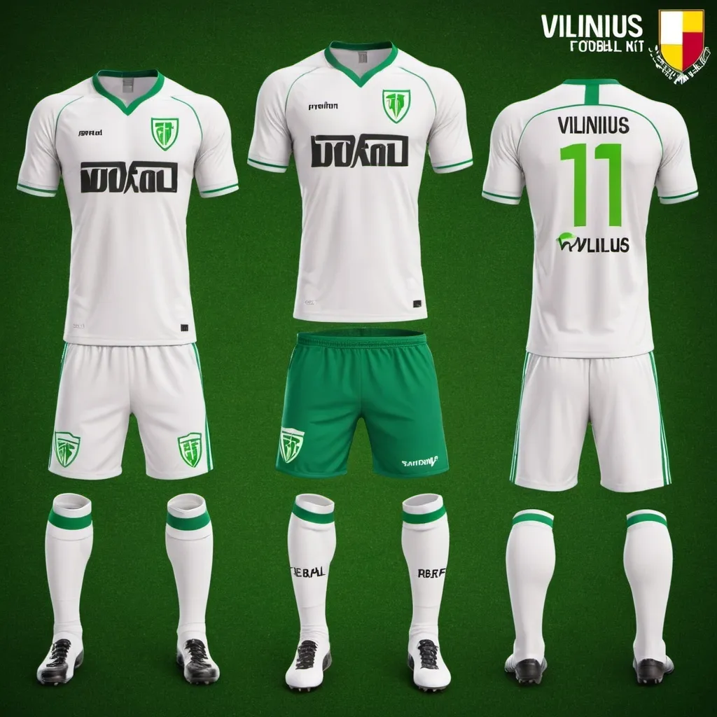 Prompt: Real Vilnius mainly White with green highlight football kit