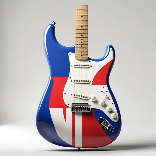 Prompt: Create a Fender stratocaster guitar where the body of the guitar has a theme that reminds someone of France, with special emphasis on the French Tricolor flag and the flor de lis.

