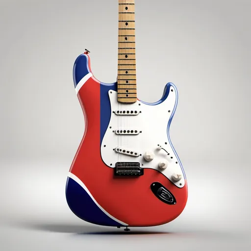 Prompt: Create a Fender stratocaster guitar where the body of the guitar has a theme that reminds someone of France, with special emphasis on the French Tricolor flag and the flor de lis.

