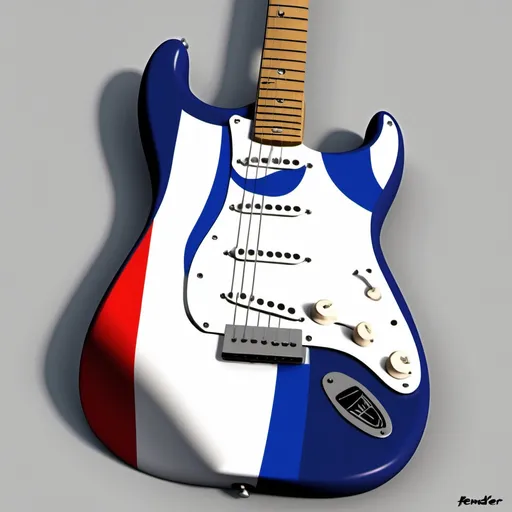 Prompt: Create a Fender stratocaster guitar where the body of the guitar has a theme that reminds someone of France, with special emphasis on the French Tricolor flag.

