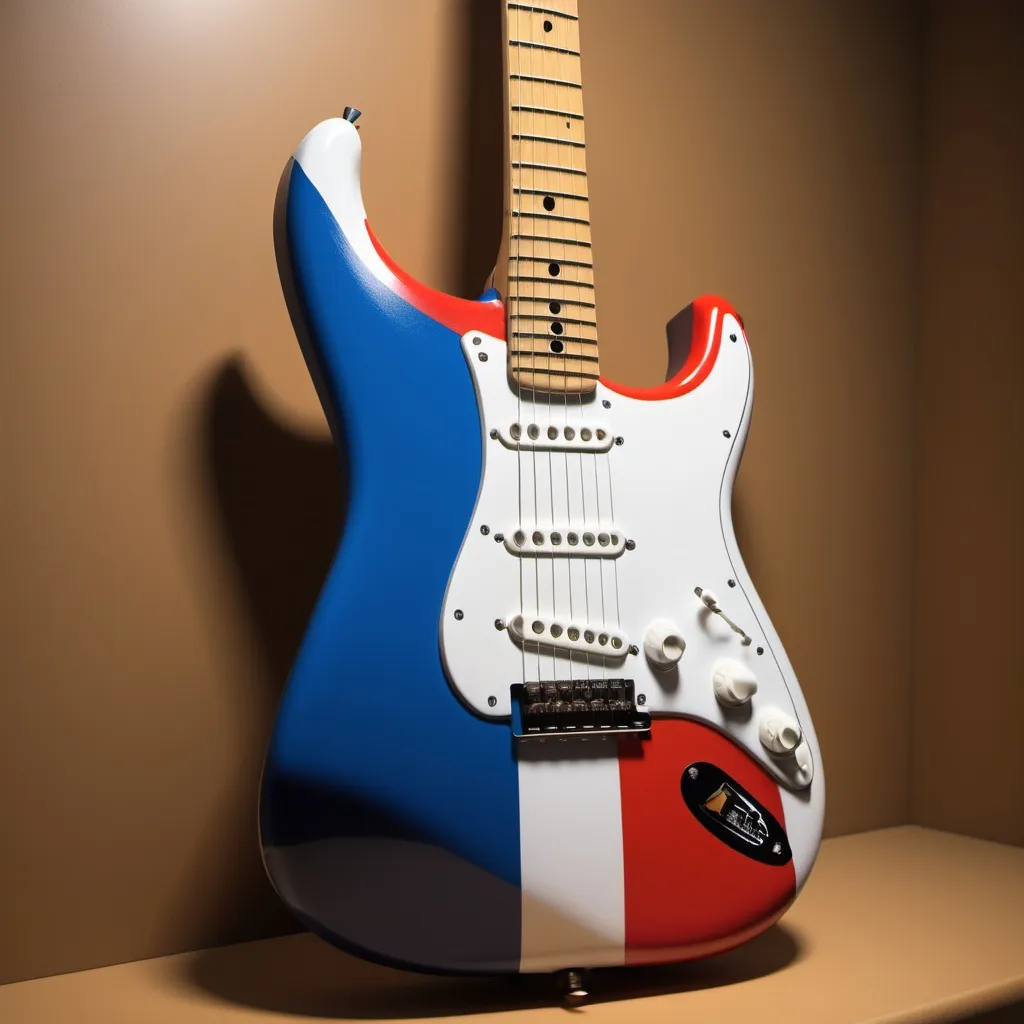 Prompt: Create a Fender stratocaster guitar where the body of the guitar has a theme that reminds someone of flor de lis using the colors of the French Tricolor flag.

