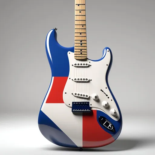 Prompt: Create a Fender stratocaster guitar where the body of the guitar has a theme that reminds someone of France, with special emphasis on the French Tricolor flag and the flor de lis.

