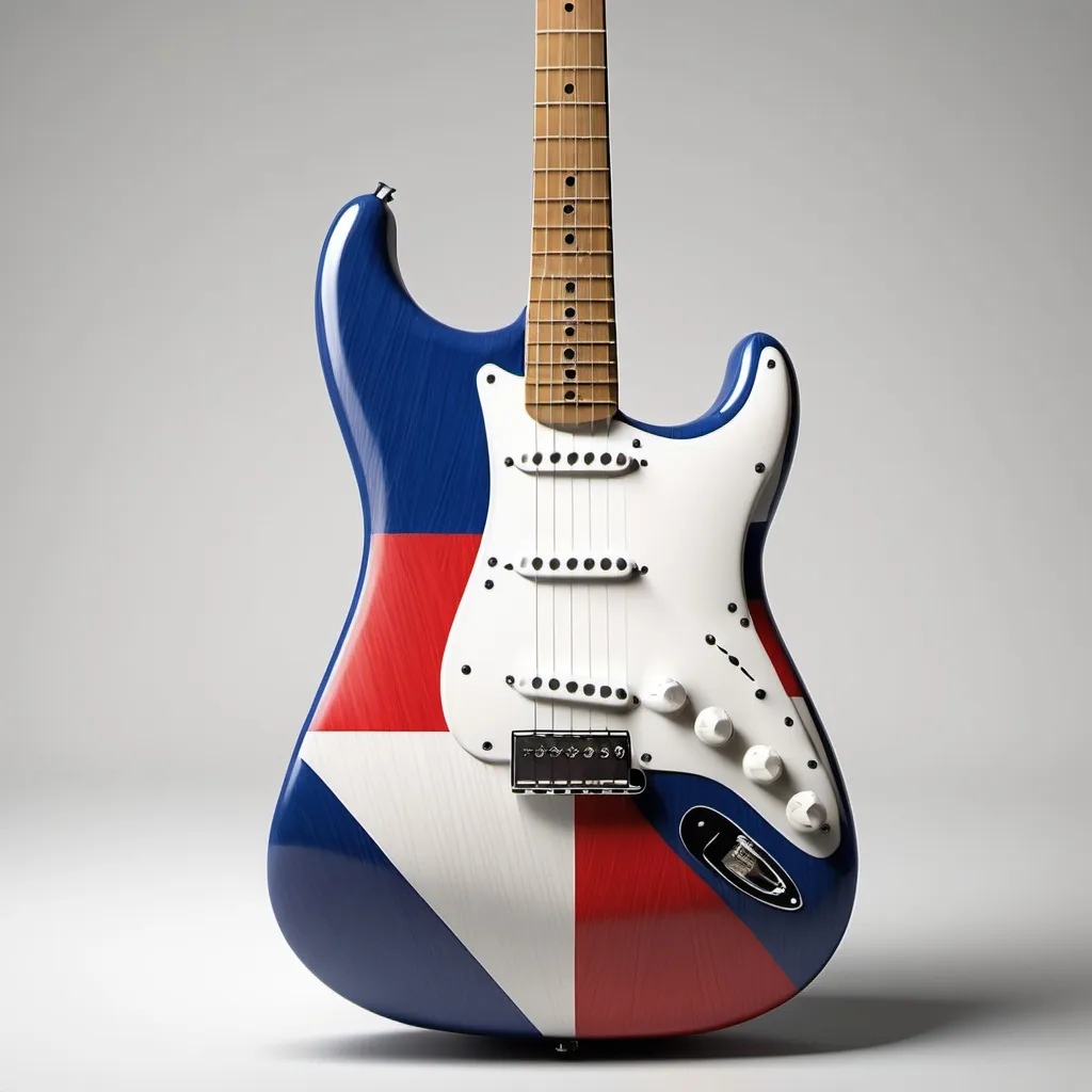 Prompt: Create a Fender stratocaster guitar where the body of the guitar has a theme that reminds someone of France, with special emphasis on the French Tricolor flag and the flor de lis.

