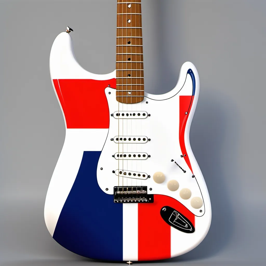 Prompt: Create a Fender stratocaster guitar where the body of the guitar has a theme that reminds someone of France, with special emphasis on the French Tricolor flag.

