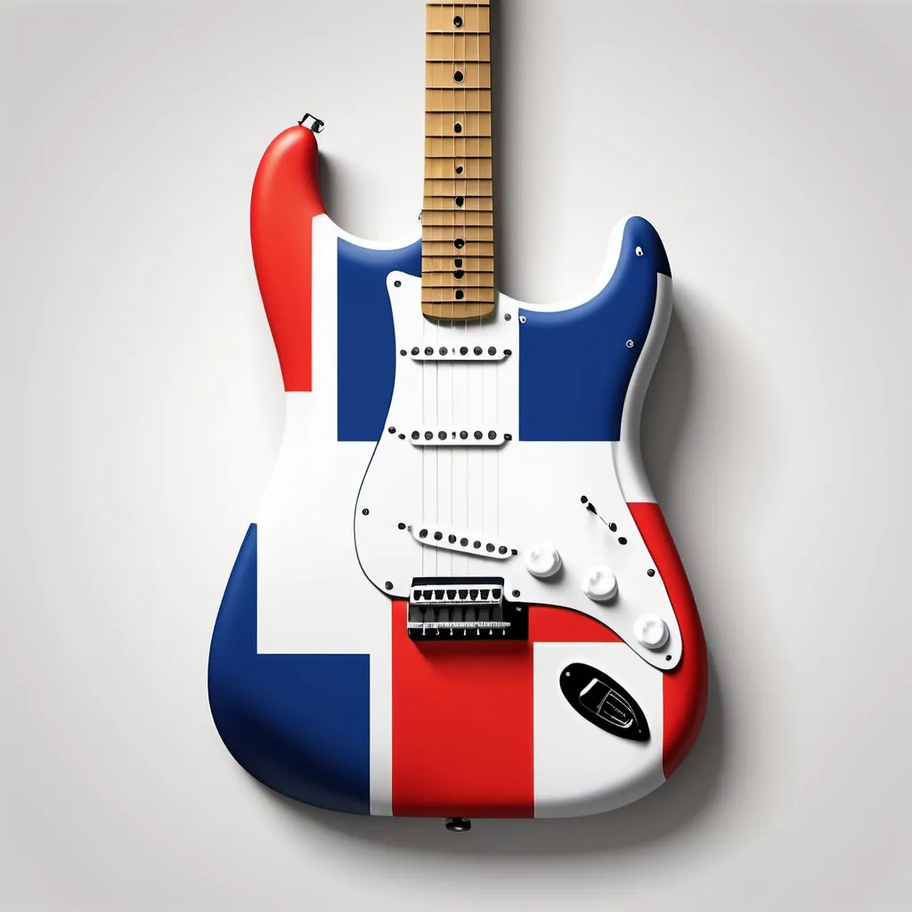 Prompt: Create a Fender stratocaster guitar where the body of the guitar has a theme that reminds someone of France, with special emphasis on the French Tricolor flag and the Eiffel Tower

