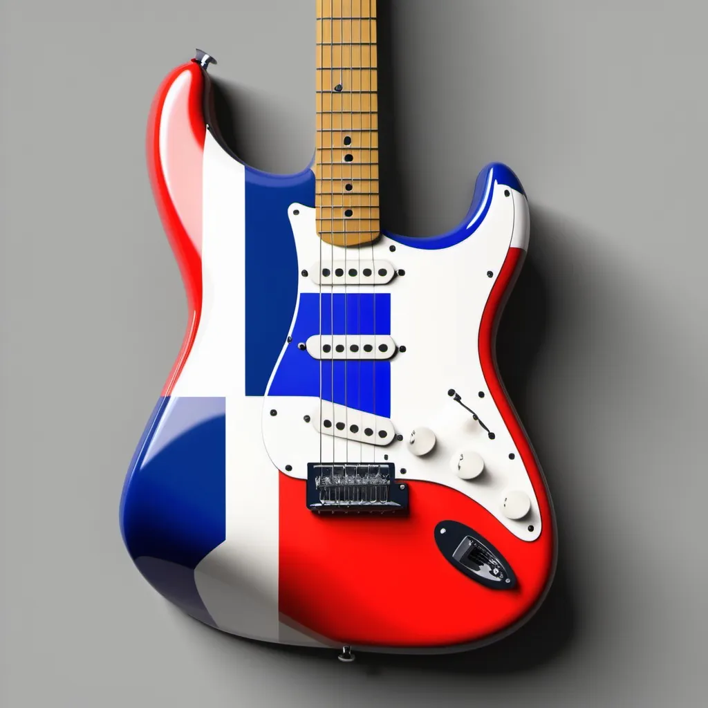 Prompt: Create a Fender stratocaster guitar where the body of the guitar has a theme that reminds someone of flor de lis using the colors of the French Tricolor flag.

